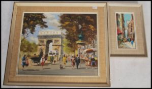 A large mid 20th century oil on canvas painting of a Parisian street scene with the Arc de