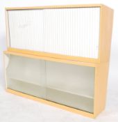 A pair of wall hanging 1950's two tone retro kitchen cabinets, each with sliding doors ( see