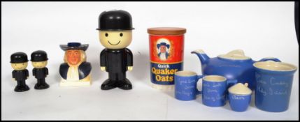 A collection of vintage and retro advertising pieces to include a Quaker Oats sugar shaker,