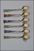 A set of six Norwegian sterling silver and enamel tea spoons by J.Tostrup each spoon having a