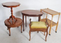 A collection of furniture to include a 1920's oak barleytwist trolley, a mahogany pedestal lamp