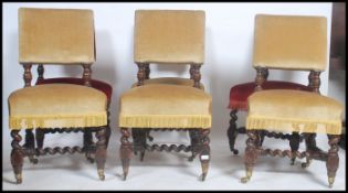 A set of 6 Victorian barley twist chairs upholstered in yeloow and burgundy velour overstuffed seats