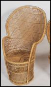 2 mid century retro / vintage peacock style fan back armchairs, both of rattan weave construction