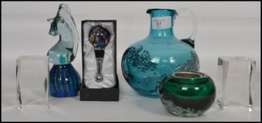 A possible retro Whitefriars control bubble lemonade jug together with other glass items to