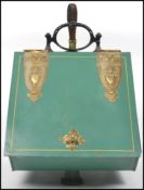 A 19th century Victorian green enamel tin coal scuttle / purdonium and brass coal scoop having a