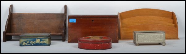 A dealers lot to include a mahogany caddy box, oak jacobean revival desk tidy and a selection of old