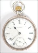 A silver hallmarked gents open faced crown wind lever pocket watch, the enamel face with Roman