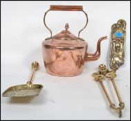 Metalwares: A collection of assorted metalwares to include a large copper kettle, fire irons, finger