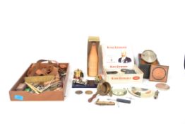A box of vintage curios to include a boxed scent bottle, vintage whistle, Swiss Army knife, surgical