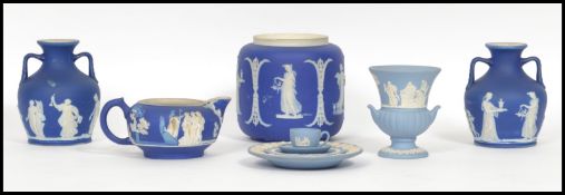 A collection of Victorian and other Wedgwood jasper cameo ware ceramics to include a pair of