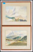 A pair of framed and glazed water colour paintings. The pictures depicting mountain scenes and