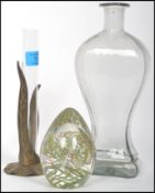 A group of three glass items to include an early pressed glass bottle, a solifleur vase and a dump