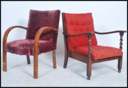 An art deco bedroom chair having bentwood arms together with another bedroom chair that reclines