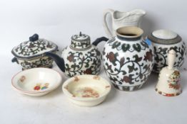 A mixed lot of vintage ceramics to include nursery rhyme dishes, matching studio pottery teapot,
