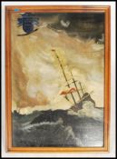 A large framed oil on board painting titled ' Frigate In A Storm ', painted armorial plaque to