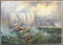 A believed 19th century oil on canvas painting depicting a ship in heavy seas. Unsigned