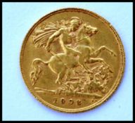 An early 20th century Edwardian gold half sovereign coin dated 1908. Weighs 3.99 grams.