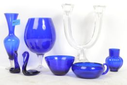 A group of vintage Bristol blue glass ware to include swans, solifluer vase, large brandy glass etc.