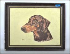 A vintage 20th century oil on board painting of chocolate doberman dog entitled Juno, signed by