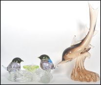 A 20th century studio art glass naturalistic bird figurine group by Murano depicting two birds and