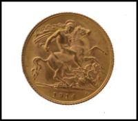 An early 20th century Edwardian gold half sovereign coin dated 1914. Weighs 3.99 grams.