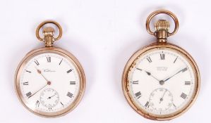 A good open faced Waltham gold plated pocket watch with enamelled dial together with another  by