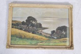 An early 20th century print of a countryside / fishermans cottage within small cove and set in