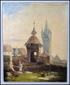 A mid 19th century oil on board portrait study of a Continental scene titled ' On The Walls '