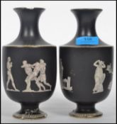 A pair of Prattware - Pratts of Fenton '  Old Greek ' pattern vases. Each with black ground,