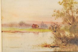 A pair of English school oil on boardpaintings of classical countryside scenes being set within gilt