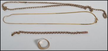 A collection of 9ct gold jewellery to include a good fancy link necklace chain with a bolt ring