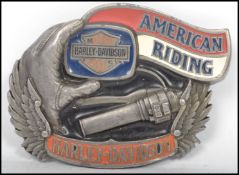 A vintage 20th century Harley Davidson Motor Cycles American Riding cast metal belt buckle.