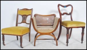 An Edwardian bergere and velour upholstered throne chair with x-frame together with an Edwardian