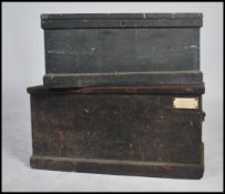 Two 19th century Victorian pine storage blanket boxes of large form having hinged lids opening to