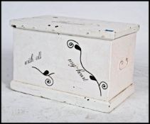 A Victorian painted blanket box with plinth base and hinged top having later painted notation for