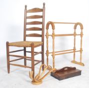 A mixed lot to include a tubular towel rail, a bentwood thonet style wall mounted rack, a lidded