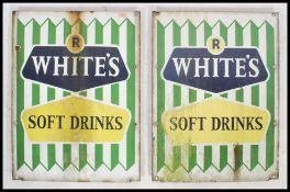 A pair of vintage Industrial mid century R Whites Lemonade advertising enamel shop sign. The signs
