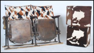 A vintage retro 20th century 1920s set of folding cinema seats recovered in faux horse hair along