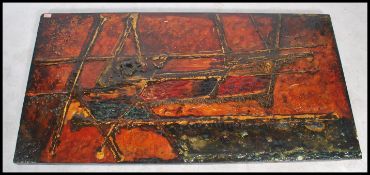 A large retro 1970's abstract oil on canvas large stretch painting adorned with inset nails artist