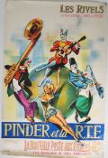 An original vintage French circus advertising poster featuring  clowns, muscians, jester and