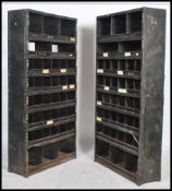 A pair of original mid 20th century Industrial large green enamel metal sectional cubby cabinet. The