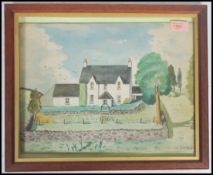 Dm Black. Watercolour on board painting of a country house with gardens, being signed by the