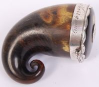 A good antique 18th century Georgian Scottish ram's horn snuff mull, with silver rim and inscription