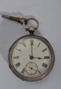 A 19th century Victorian silver hallmarked pocket watch having an enamel face with roman numeral