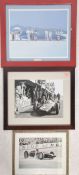 A group of three framed and glazed motoring interest pictures to include Graham Hill, a Jack
