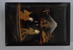 Early Japanese lacquered postcard album inlaid with bone figure heads. Concertina type with twenty