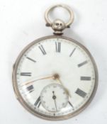 A silver hallmarked fusee pocket watch with open face having sub dial with faceted hands and roman