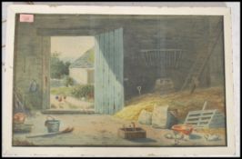 FW Poke. English school watercolour painting of a country barn with chickens, straw and other