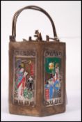 An Oriental silver white metal tea caddy of hexagonal form having hand painted enamel cartouche