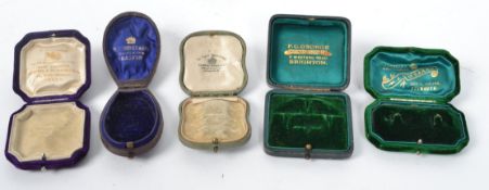 A group of antique jewellery boxes to include a triple ring box, Albert Baker of London, Pendant
